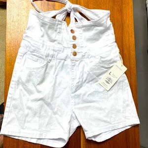 NWT American BAZI Denim HW/Back Tie Flare Short White Size Large